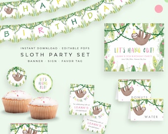 Sloth Birthday Party Decorations! Instant download set incl. favor tags, banner, thank you & more! Cute printables for girl birthday!