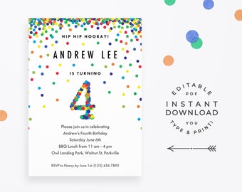 Confetti 4th Birthday Invitation Boy, Editable invitation. Rainbow colorful confetti invite for boys fourth birthday party!