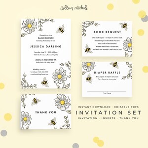 Bee Baby Shower Invitation Set, Instant Download Book Request, Diaper Raffle, Thank You Card. Bumblebee editable PDF printables in yellow image 1