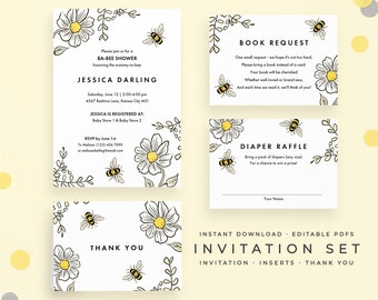 Bee Baby Shower Invitation Set, Instant Download Book Request, Diaper Raffle, Thank You Card. Bumblebee editable PDF printables in yellow