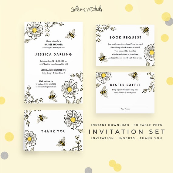 Bee Baby Shower Invitation Set Instant Download Book Request Etsy Bee Baby Shower Invitation Set Instant Download Book Request Etsy