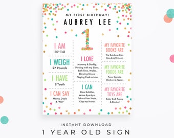 Cute Girl 1 Year Old Sign, Editable PDF Download. First birthday poster with mint, teal, pink & gold confetti for your one-year-old girl!