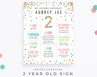Cute Girl 2nd Birthday Sign, Editable PDF Download. Second birthday poster with mint, teal, pink & gold confetti for your two-year-old girl!