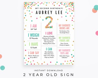 Cute Girl 2nd Birthday Sign, Editable PDF Download. Second birthday poster with mint, teal, pink & gold confetti for your two-year-old girl!