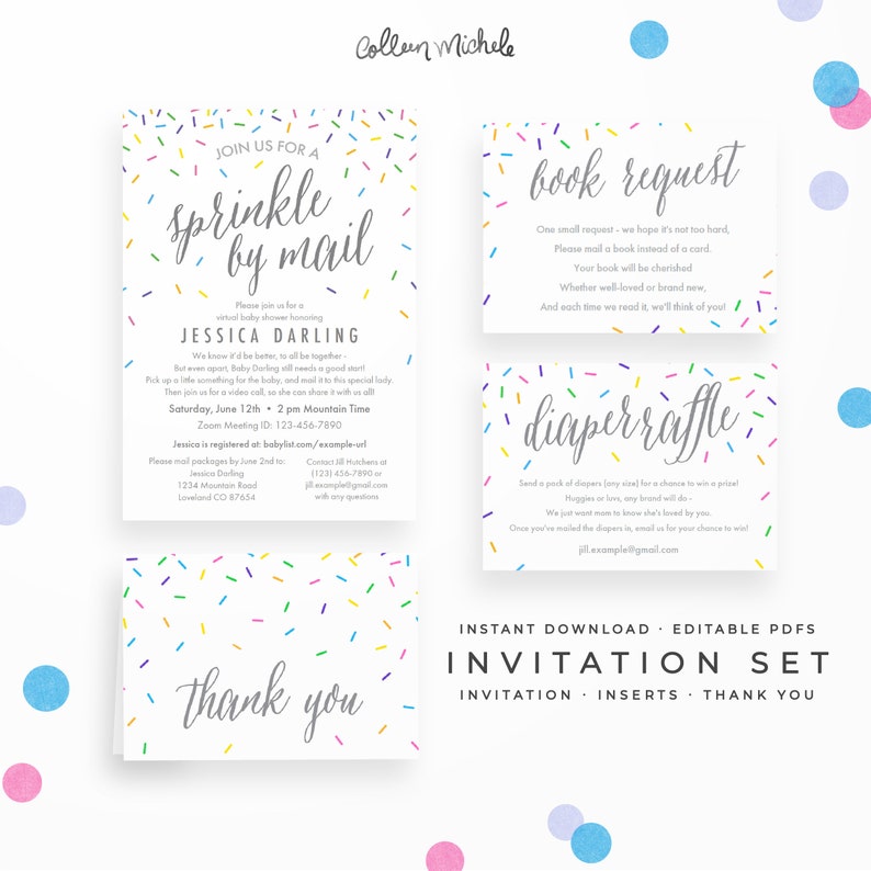 Baby Sprinkle by Mail Invitation Set: Instant download Diaper Raffle /& Thank You Cards Virtual Baby Sprinkle Invite Book Request