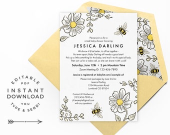 Bee Virtual Baby Shower Invitation, Instant Download Editable PDF. Bumblebee shower invitations in yellow for gender neutral baby shower!