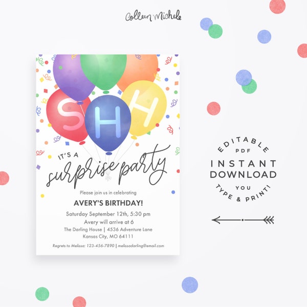 Surprise Birthday Invitation, Instant Download Editable PDF. Colorful balloons & confetti, cute simple surprise party invite! Shhh...