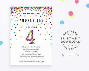 Rainbow 4th Birthday Invitation Printable, Instant Download Printable PDF. Cute confetti invitations for girl or boy fourth birthday party!
