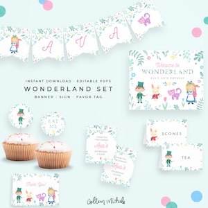 Alice in Wonderland Birthday Party Pack Instant download favor tags, banner, welcome sign, thank you card & more birthday party decorations zdjęcie 1