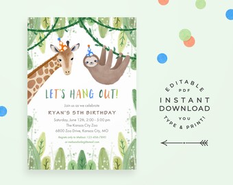 Zoo Birthday Party Invitation, Instant Download Editable PDF. Jungle themed birthday invitation, with cute sloth & giraffe in party hats!