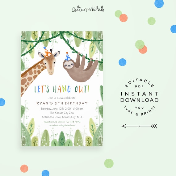 Zoo Birthday Party Invitation, Instant Download Editable PDF. Jungle