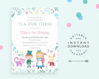 Tea for Three 3rd Birthday Invitation. Instant download, Alice in Wonderland Tea Party Birthday Invitation!