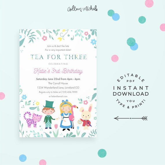 Tea for Three 3rd Birthday Invitation. Instant download, Alice in Wonderland Tea Party Birthday Invitation! Il_570xn