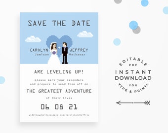 Video Game Geek Save The Date, Instant Download Editable PDF. Cute and unique nerd save the date cards with 8-bit bride & groom!