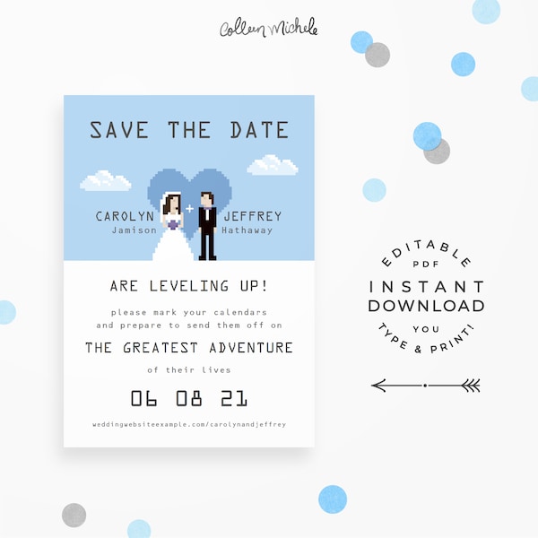 Video Game Geek Save The Date, Instant Download Editable PDF. Cute and unique nerd save the date cards with 8-bit bride & groom!