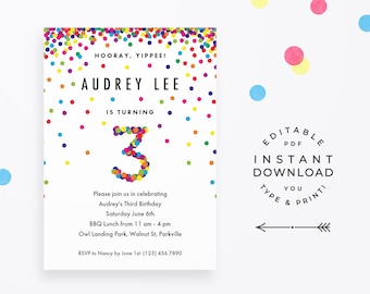 Rainbow 3rd Birthday Invitation, Instant Download PDF. Cute confetti 3rd birthday invite for a 3 year old birthday boy or girl!