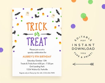 Halloween Birthday Invitation, editable PDF. Trick or Treat invitation, kids Halloween printable invite. Bat, ghost, and candy corn!