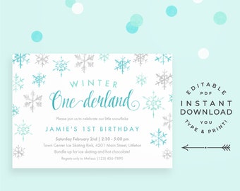 Winter Onederland Invitation, Snowflake 1st Birthday Invitation, Editable PDF, instant download printable. Teal and mint 1 year old invite