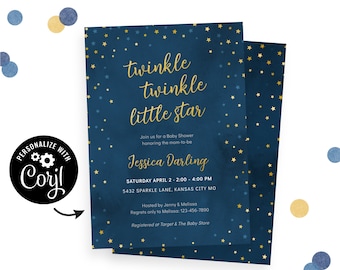 Celestial Twinkle Little Star Baby Shower Invitation | Corjl invite, free demo. Navy & gold star themed baby shower invitations