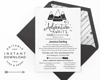 Adventure Virtual Baby Shower Invitation: Printable PDF. "Adventure Awaits" with mountains and arrows, for modern rustic baby showers.