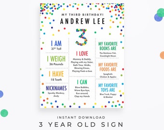 Confetti Three Year Old Sign, Editable PDF Instant Download. 3rd birthday poster with colorful confetti in boy colors! 3 Year Old Sign