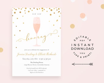 Sip Sip Hooray Invitation, Instant Download Printable. Elegant gold & pink champagne birthday, engagement, or bridal shower invitation!