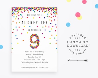 Rainbow 9th Birthday Party Invitation, Instant Download Printable PDF. Cute confetti birthday invitations for 9 year old girl or boy!