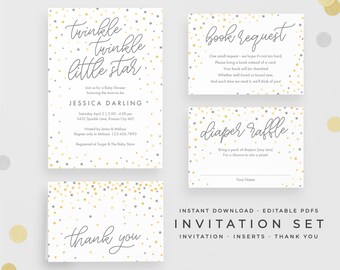 Twinkle Little Star Baby Shower Invitation Set: Instant download. Book Request, Diaper Raffle, Thank You Card. Yellow & gray PDF printables.