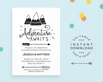 Adventure Baby Shower Invitation: Printable PDF. "Adventure Awaits" with mountains and arrows, for modern boho and rustic baby showers.