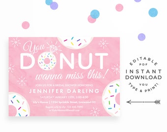 Donut Bridal Shower Invitation, Instant Download Editable PDF. Pink donut themed shower invitation featuring donuts with colorful sprinkles!