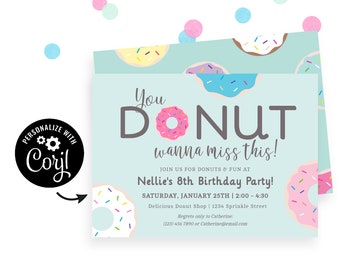 Donut Birthday Invitation Template | Instant Download with Corjl. Cute, pastel mint and pink for a Donut Party Theme!