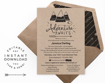 Rustic Virtual Baby Shower Invitation: Printable PDF. "Adventure Awaits" with mountains & arrows on kraft, for boho and rustic baby showers.