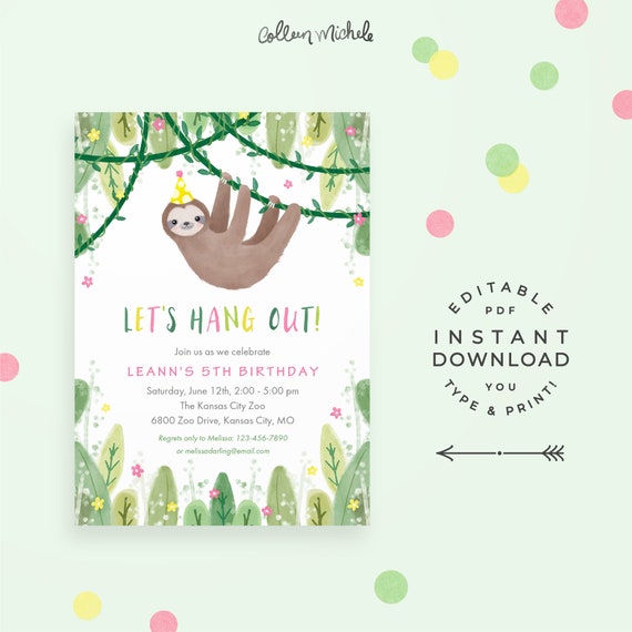 Sloth Birthday Party Invitation in Pink & Yellow, Instant Download. Editable invitation for sloth themed or zoo birthday party! Il_570xn