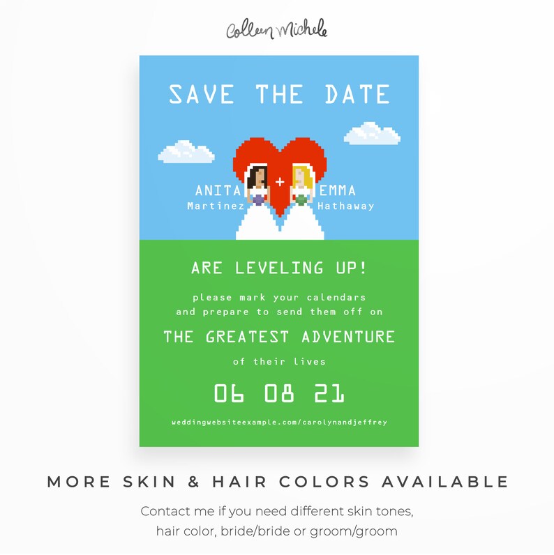 Video Game Geek Save The Date, Instant Download Editable PDF. Cute and unique nerd save the date cards with 8-bit bride & groom image 6