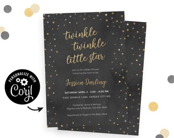 Twinkle Little Star Baby Shower Invitation | Corjl invite with free demo. Dark gray chalkboard & gold star themed baby shower invitations