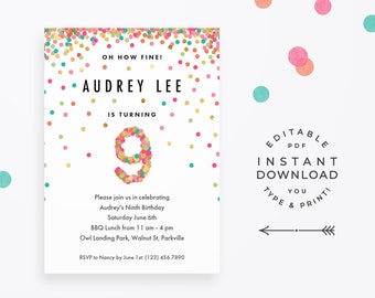Girls 9th Birthday Invitation, Instant Download Printable PDF. 9 year old girl birthday party invites in mint, teal, pink and gold confetti!