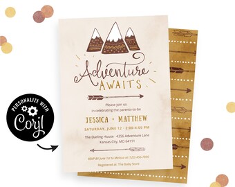Mountain Adventure Baby Shower Invitation | Corjl invite, free demo. Rustic, travel themed baby shower invitations in burnt sienna & ochre