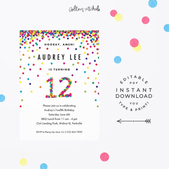 Rainbow 12th Birthday Invitation Instant Download Printable | Etsy