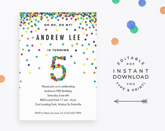 Confetti 5th Birthday Invitation Boy, Instant Download / Editable Invitation. Colorful rainbow birthday invitation for boys fifth birthday!