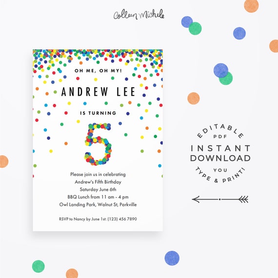 Confetti 5th Birthday Invitation Boy, Instant Download / Editable ...