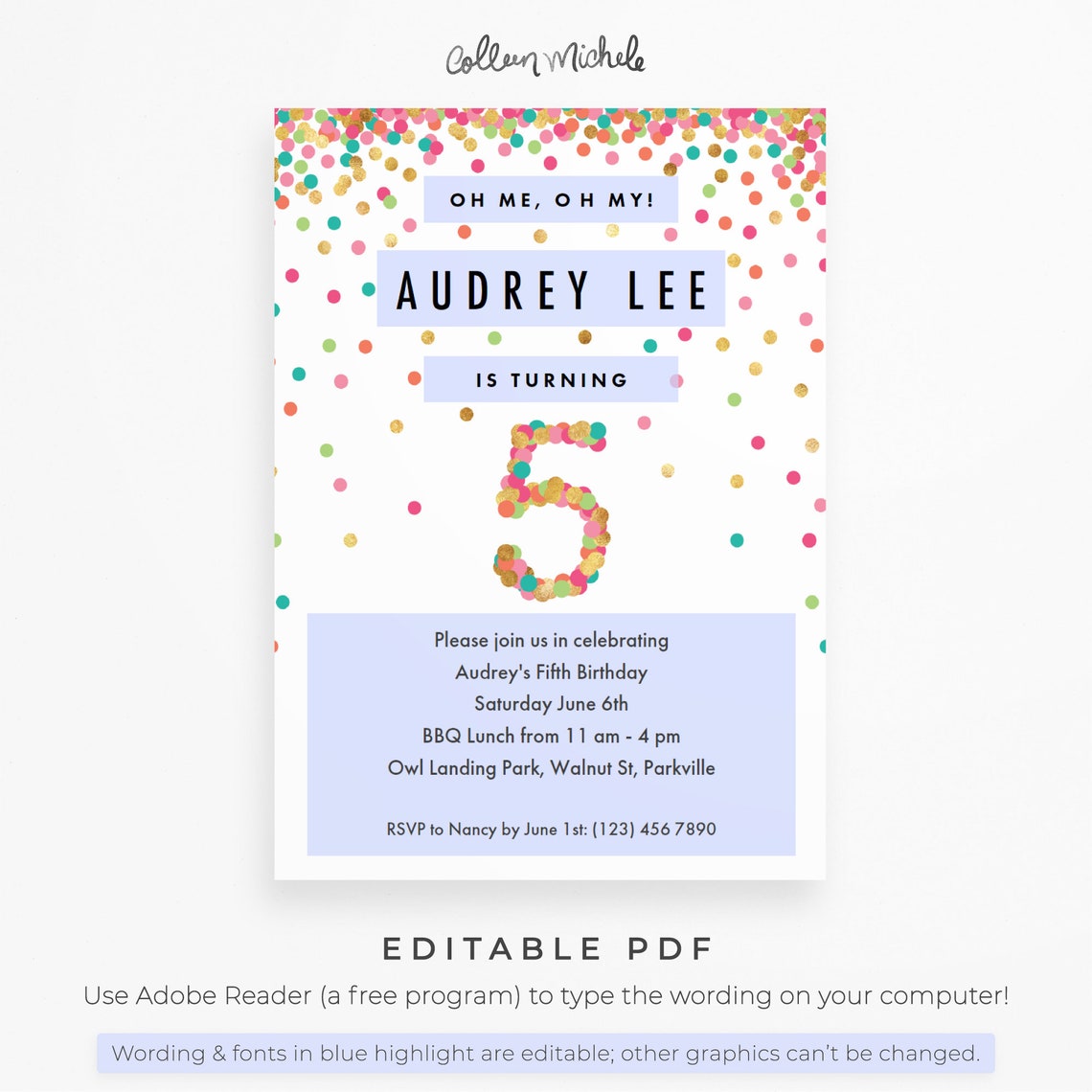 Girls 5th Birthday Invitation Instant Download Printable PDF. - Etsy