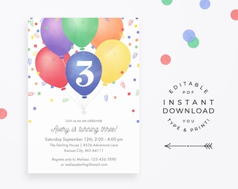 Balloons Birthday Invitation, Instant Download Editable PDF. Colorful balloons & confetti, cute simple birthday party invite. Editable age!