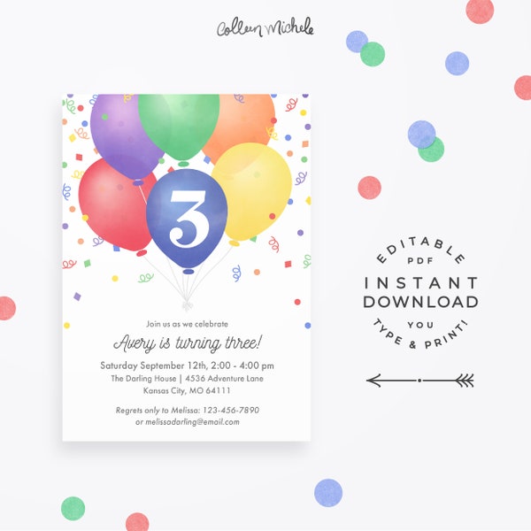 Balloons Birthday Invitation, Instant Download Editable PDF. Colorful balloons & confetti, cute simple birthday party invite. Editable age!