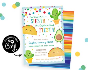 Boy's First Fiesta Invitation, Instant Download with Corjl Template. No Time for Siesta, 1st Fiesta Birthday Invite with Cactus Taco Avocado