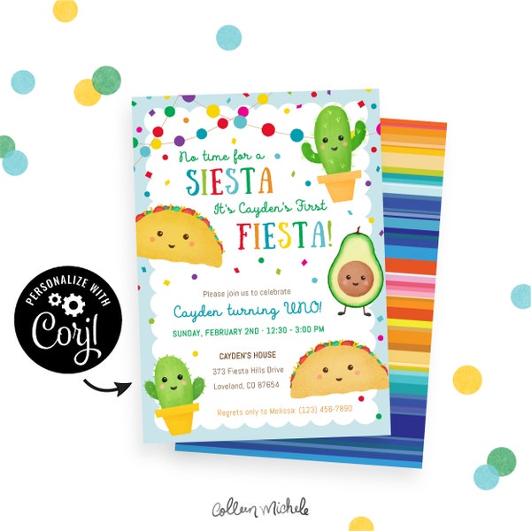 Boy's First Fiesta Invitation, Instant Download with Corjl Template. No Time for Siesta, 1st Fiesta Birthday Invite with Cactus Taco Avocado