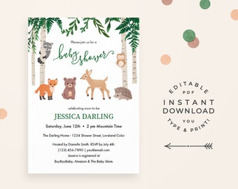 Woodland Baby Shower Invitation, Instant Download PDF Printable Invite. Rustic woodland animals with watercolor greenery