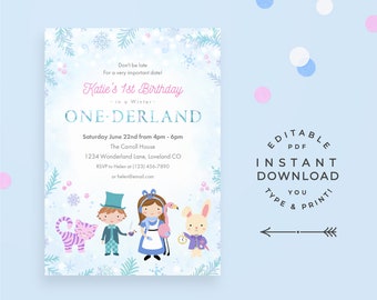 Winter Alice in Onederland Birthday Invitation. Editable PDF, instant download printable Alice in Wonderland Winter 1st Birthday Invites!