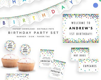 Confetti Boy Birthday Party Decorations! Instant Download Printables: Favor tags, Happy Birthday banner, Thank you, Cupcake toppers & more!