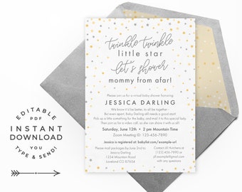 Twinkle Star Virtual Shower Invitation, Instant Download Editable PDF. Grey & gold confetti stars for a modern, neutral baby shower!