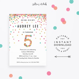 Girls 5th Birthday Invitation, Instant Download Printable PDF. 5 Year ...